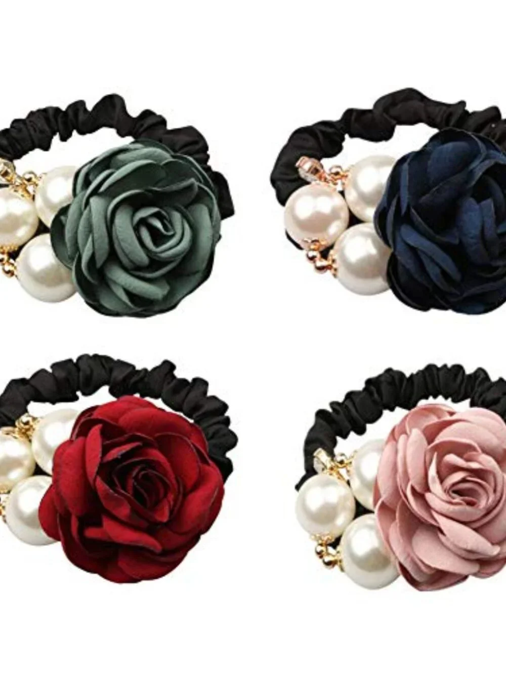 4Pcs‎ Korean Fashion Pearl Hair Rope Rose Flower Rhinestone Hair Ties/ Jewelry